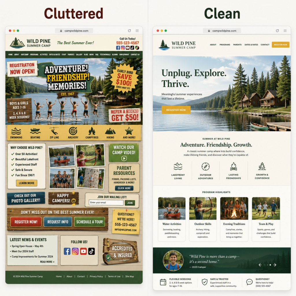summer camp website best practices comparison showing a clear, fast, trustworthy homepage vs. a cluttered version.