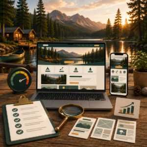 Laptop and smartphone on a wooden desk outdoors, both showing a nature-themed website mockup, with a clipboard, magnifying glass, and camping mug nearby.
