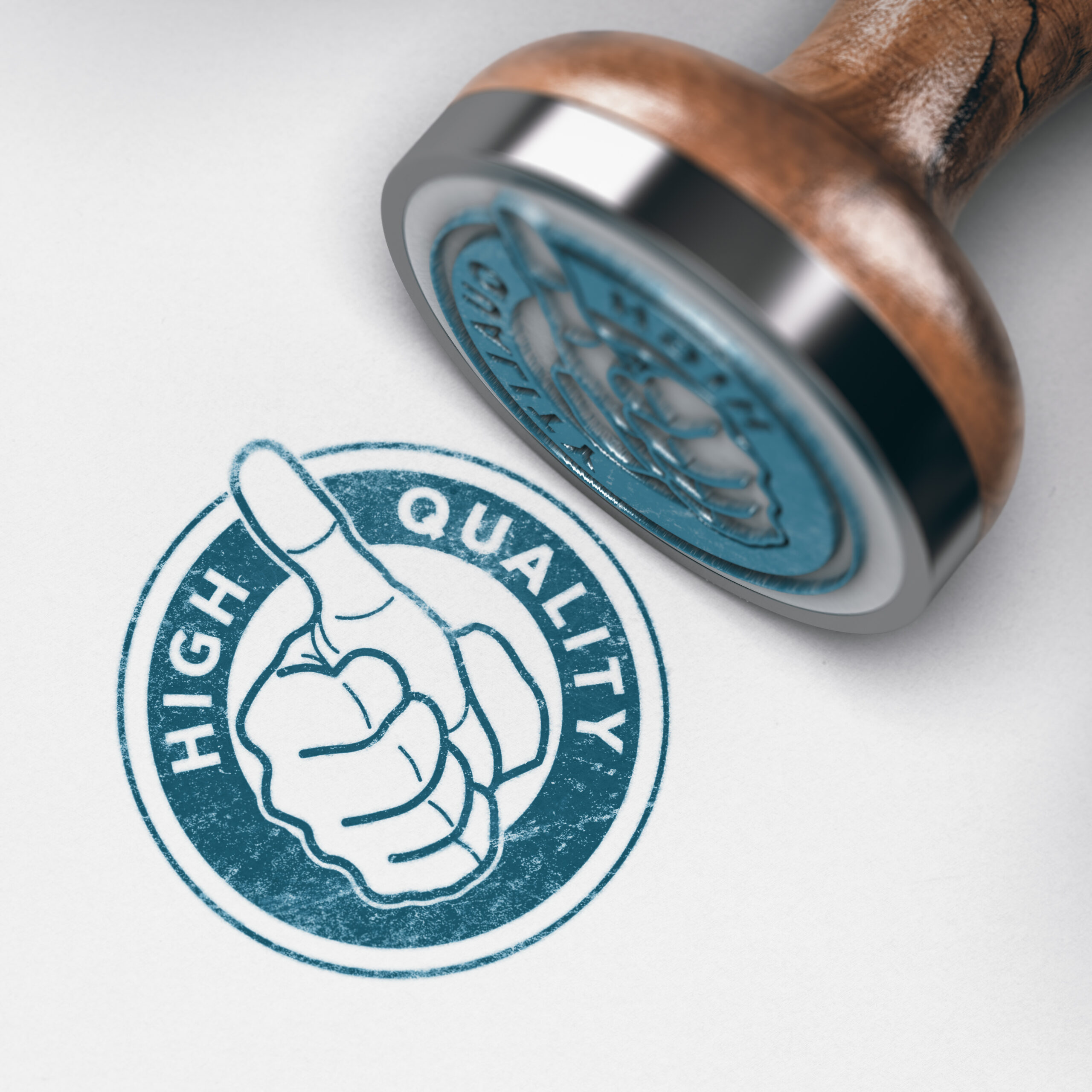 3D illustration of a rubber stamp mark with thumb up and text high quality over paper background